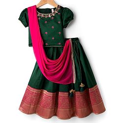 Babyhug Woven Half Puffed Sleeves Choli Lehenga & Dupatta Set with Floral Embroidery - Dark Green