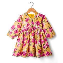 Babyhug Cambric Woven Full Sleeves Kurti Palazzo & Dupatta Set With Floral Print - Yellow & Pink