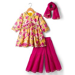 Babyhug Cambric Woven Full Sleeves Kurti Palazzo & Dupatta Set With Floral Print - Yellow & Pink