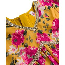 Babyhug Cambric Woven Full Sleeves Kurti Palazzo & Dupatta Set With Floral Print - Yellow & Pink