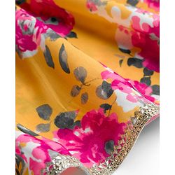 Babyhug Cambric Woven Full Sleeves Kurti Palazzo & Dupatta Set With Floral Print - Yellow & Pink
