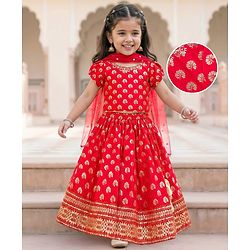 Babyhug Brocade Woven Half Sleeves Choli Lehenga & Dupatta Set With Floral Print - Red