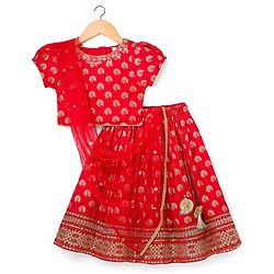 Babyhug Brocade Woven Half Sleeves Choli Lehenga & Dupatta Set With Floral Print - Red