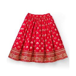 Babyhug Brocade Woven Half Sleeves Choli Lehenga & Dupatta Set With Floral Print - Red