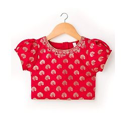 Babyhug Brocade Woven Half Sleeves Choli Lehenga & Dupatta Set With Floral Print - Red