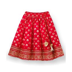 Babyhug Brocade Woven Half Sleeves Choli Lehenga & Dupatta Set With Floral Print - Red