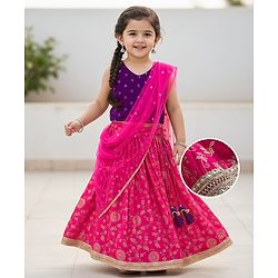 Babyhug Brocade Woven Sleeveless Choli Lehenga & Dupatta Set With Floral Print & Embroidered - Fuschia