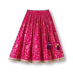 Babyhug Brocade Woven Sleeveless Choli Lehenga & Dupatta Set With Floral Print & Embroidered - Fuschia