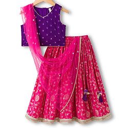 Babyhug Brocade Woven Sleeveless Choli Lehenga & Dupatta Set With Floral Print & Embroidered - Fuschia