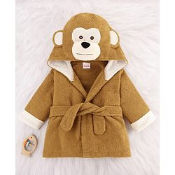 Babyhug Cotton Terry Woven Full Sleeves Hooded Bathrobe with Monkey Embroidery - Brown