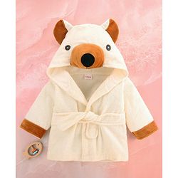 Babyhug Cotton Terry Woven Full Sleeves Hooded Bathrobe with Bear Embroidery - White