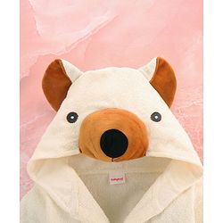 Babyhug Cotton Terry Woven Full Sleeves Hooded Bathrobe with Bear Embroidery - White