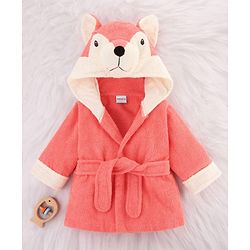 Babyhug Cotton Terry Woven Full Sleeves Hooded Bathrobe with Fox Embroidery - Pink