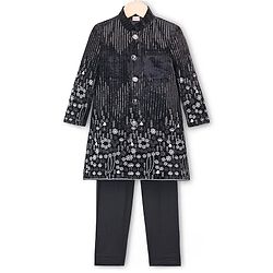 Babyhug Velvet Woven Full Sleeves Sherwani Set with Embroidery & Sequin Detailing - Black