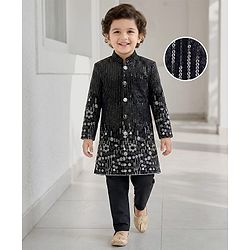Babyhug Velvet Woven Full Sleeves Sherwani Set with Embroidery & Sequin Detailing - Black