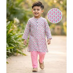 Babyhug Cotton Woven Full Sleeves Kurta Pajama Set with Bunny Print - Light Blue & Pink