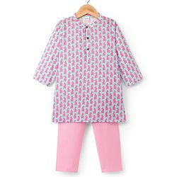 Babyhug Cotton Woven Full Sleeves Kurta Pajama Set with Bunny Print - Light Blue & Pink