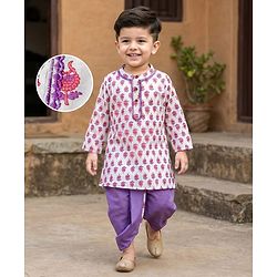 Babyhug Cotton Cambric Woven Full Sleeves Kurta Dhoti Set with Floral Print - White & Purple