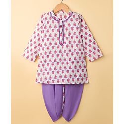 Babyhug Cotton Cambric Woven Full Sleeves Kurta Dhoti Set with Floral Print - White & Purple