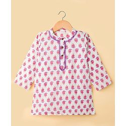 Babyhug Cotton Cambric Woven Full Sleeves Kurta Dhoti Set with Floral Print - White & Purple