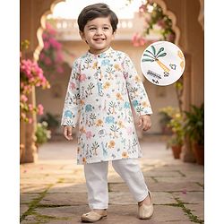 Babyhug Cotton Cambric Woven Full Sleeves Kurta Pyjama Set with Animal Print - Off White