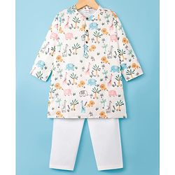 Babyhug Cotton Cambric Woven Full Sleeves Kurta Pyjama Set with Animal Print - Off White