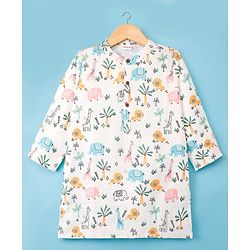 Babyhug Cotton Cambric Woven Full Sleeves Kurta Pyjama Set with Animal Print - Off White