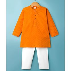 Babyhug Cotton Dobby Woven Full Sleeves Solid Kurta Pyjama Set - Orange