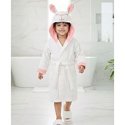 Babyhug Cotton Terry Woven Full Sleeves Hooded Bathrobe with Bunny Embroidery - White