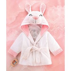 Babyhug Cotton Terry Woven Full Sleeves Hooded Bathrobe with Bunny Embroidery - White