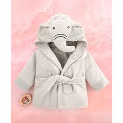 Babyhug Cotton Terry Woven Full Sleeves Hooded Bathrobe with Elephant Embroidery - Grey