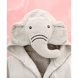 Babyhug Cotton Terry Woven Full Sleeves Hooded Bathrobe with Elephant Embroidery - Grey