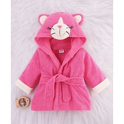 Babyhug Cotton Terry Woven Full Sleeves Hooded Bathrobe with Kitty Embroidery - Pink