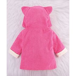 Babyhug Cotton Terry Woven Full Sleeves Hooded Bathrobe with Kitty Embroidery - Pink