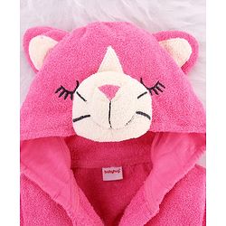 Babyhug Cotton Terry Woven Full Sleeves Hooded Bathrobe with Kitty Embroidery - Pink