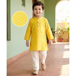 Babyhug Cotton Woven Full Sleeves Pintucked Kurta Pyjama Set with Sequin Detailing -  Yellow