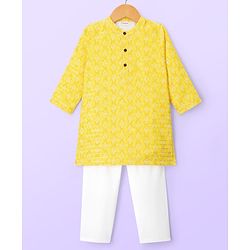 Babyhug Cotton Woven Full Sleeves Pintucked Kurta Pyjama Set with Sequin Detailing -  Yellow
