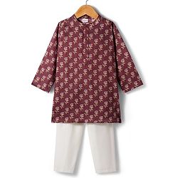 Babyhug Cotton Woven Full Sleeves Kurta Dhoti Set with Floral Print - Maroon