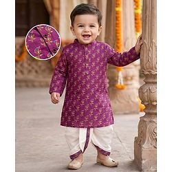Babyhug Cambric Full Sleeves Floral Printed Kurta Dhoti Set - Purple