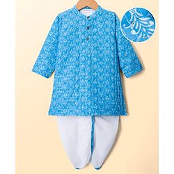 Babyhug Cotton Woven Full Sleeves Cambric Printed  Kurta Dhoti Set with Sequin Detailing - Blue