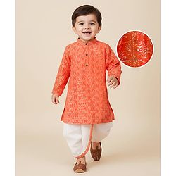 Babyhug Cotton Woven Full Sleeves Cambric Printed Kurta Dhoti Set with Sequin Detailing - Orange