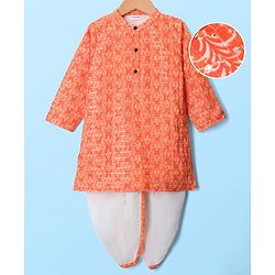Babyhug Cotton Woven Full Sleeves Cambric Printed Kurta Dhoti Set with Sequin Detailing - Orange
