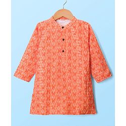 Babyhug Cotton Woven Full Sleeves Cambric Printed Kurta Dhoti Set with Sequin Detailing - Orange