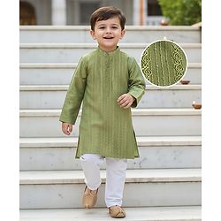 Babyhug Dobby Full Sleeves Thread Work Kurta with Pyjama Set - Green