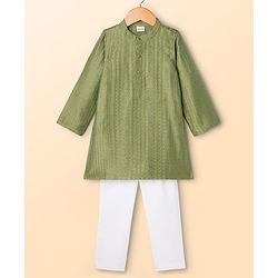 Babyhug Dobby Full Sleeves Thread Work Kurta with Pyjama Set - Green