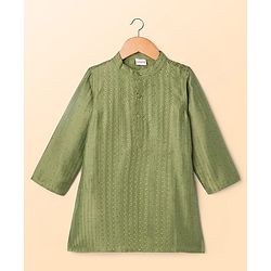 Babyhug Dobby Full Sleeves Thread Work Kurta with Pyjama Set - Green