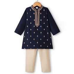 Babyhug Woven Full Sleeves Floral Embroidered Kurta with Pyjama Set - Navy Blue