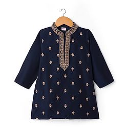 Babyhug Woven Full Sleeves Floral Embroidered Kurta with Pyjama Set - Navy Blue