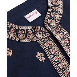 Babyhug Woven Full Sleeves Floral Embroidered Kurta with Pyjama Set - Navy Blue