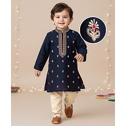 Babyhug Woven Full Sleeves Floral Embroidered Kurta with Pyjama Set - Navy Blue